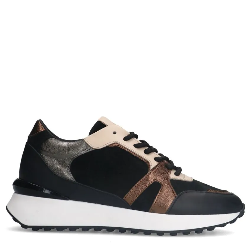 Manfield Zwarte leren sneakers met bronze details^DAMES Sneakers