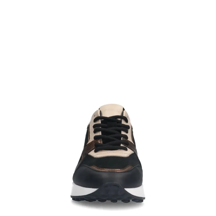 Manfield Zwarte leren sneakers met bronze details^DAMES Sneakers
