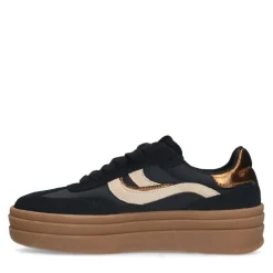 Manfield Zwarte leren sneakers met suède details^DAMES Sneakers