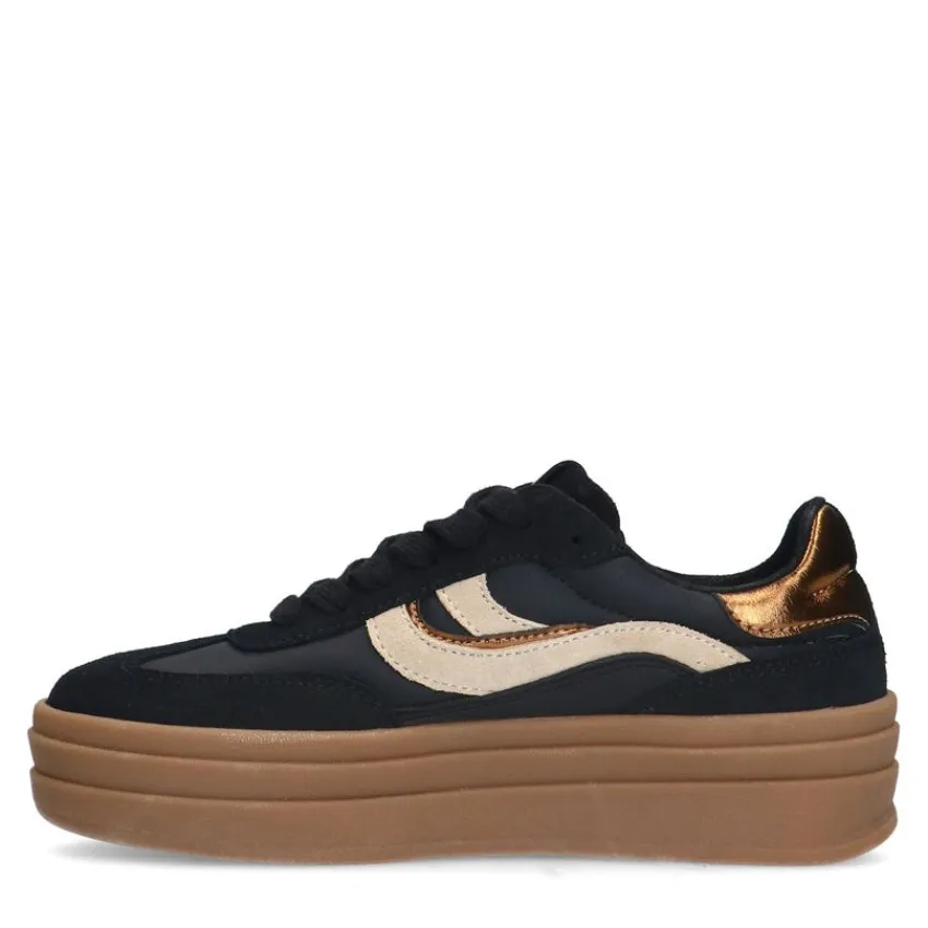 Manfield Zwarte leren sneakers met suède details^DAMES Sneakers