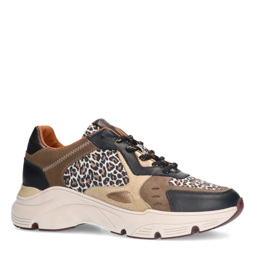 Manfield Zwarte leren sneakers met suède panter details^DAMES Sneakers