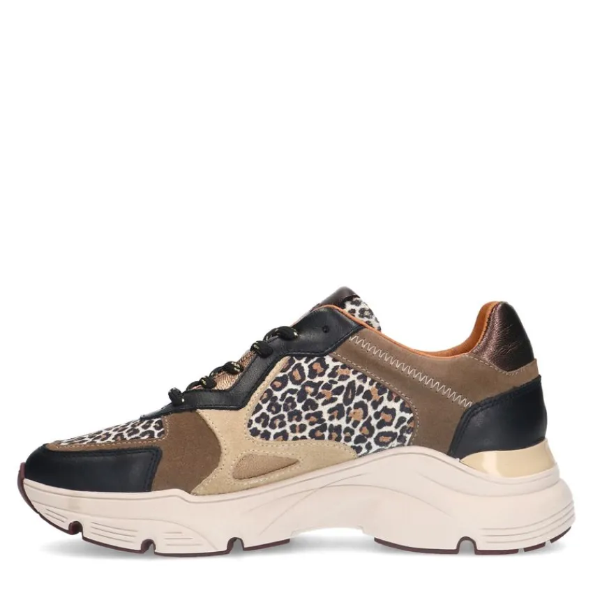 Manfield Zwarte leren sneakers met suède panter details^DAMES Sneakers