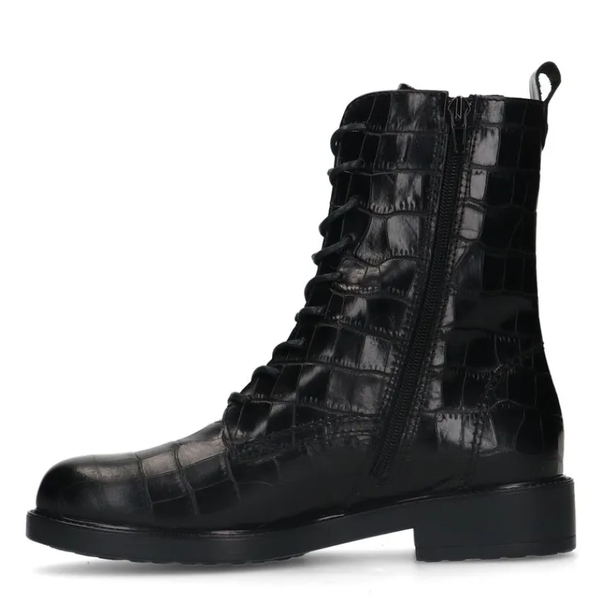 No Stress Zwarte leren veterlaarsjes met crocoprint^DAMES Enkellaarsjes