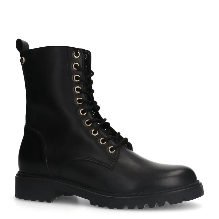 No Stress Zwarte leren veterlaarsjes^DAMES Enkellaarsjes