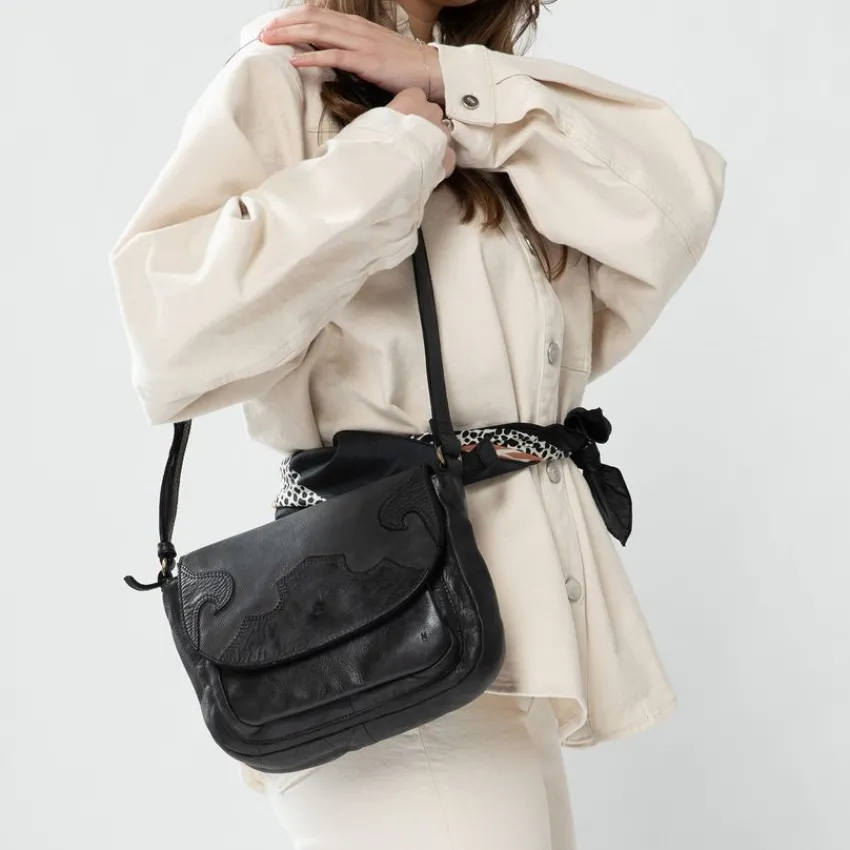 Manfield Zwarte leren western schoudertas^ Schoudertassen