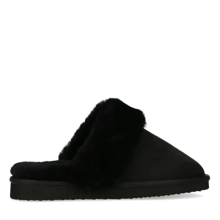Zwarte pantoffels met wollen voering^DAMES Pantoffels