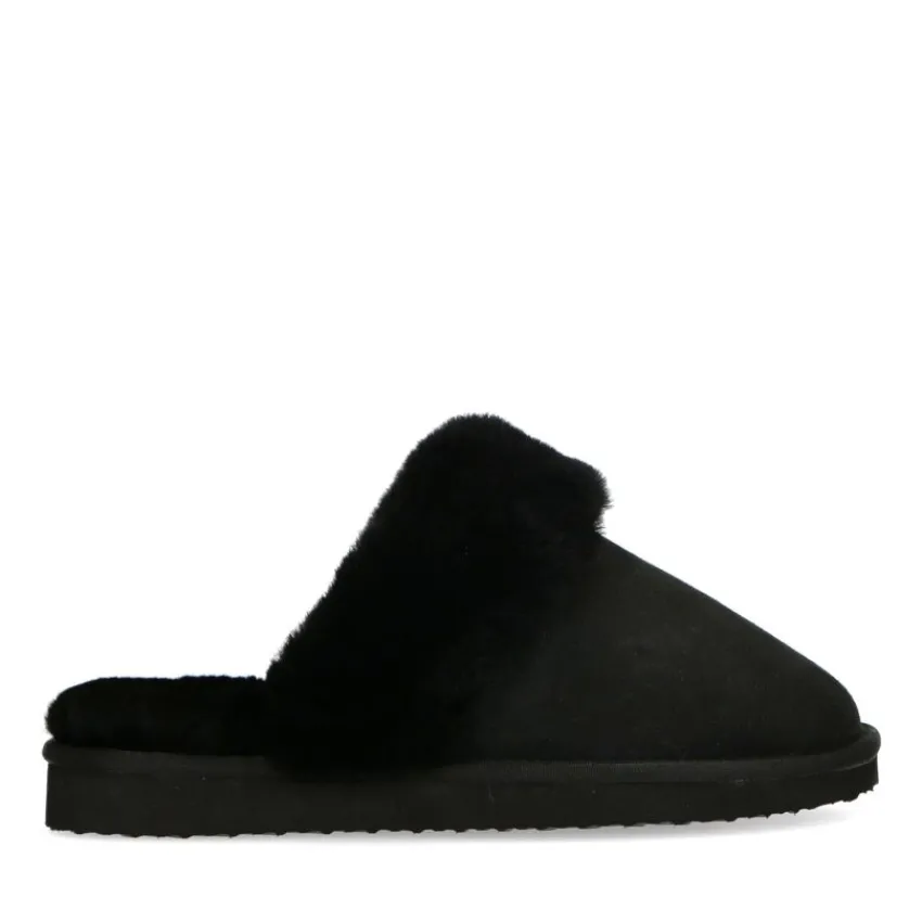 Zwarte pantoffels met wollen voering^DAMES Pantoffels