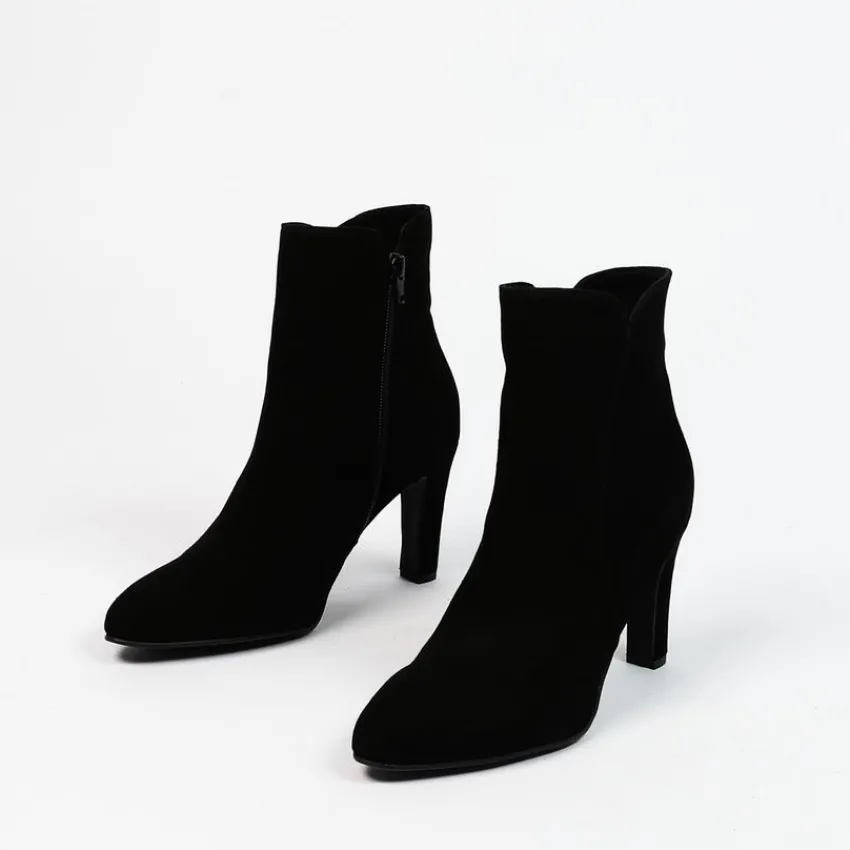 Manfield Zwarte suède enkellaarsjes met hak^DAMES Enkellaarsjes