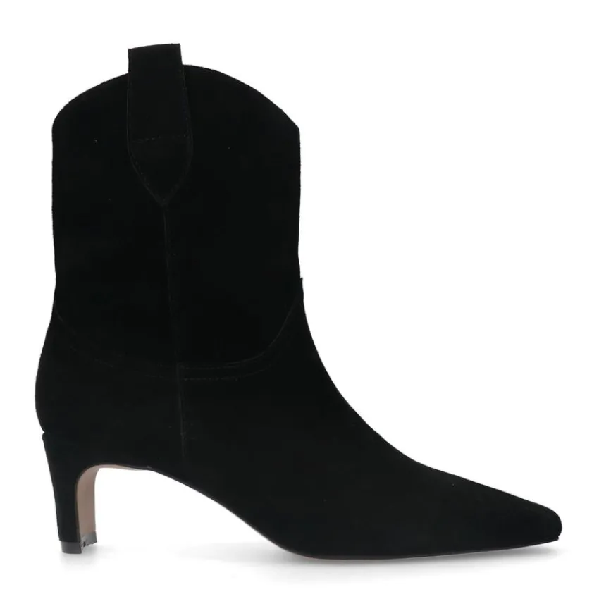 Manfield Zwarte suède enkellaarsjes met hak^DAMES Enkellaarsjes