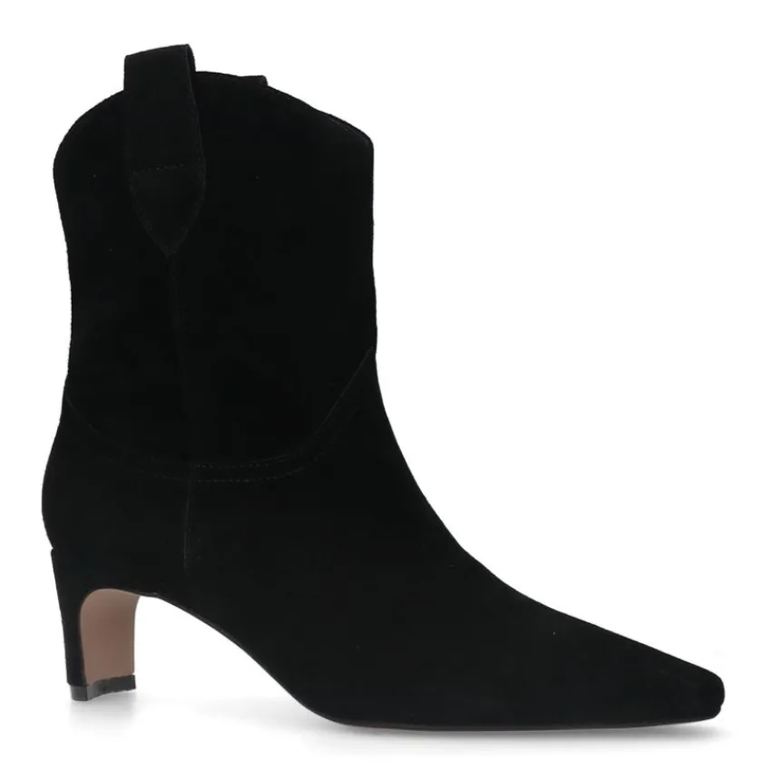 Manfield Zwarte suède enkellaarsjes met hak^DAMES Enkellaarsjes