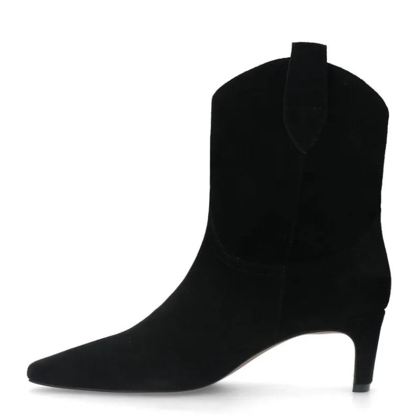 Manfield Zwarte suède enkellaarsjes met hak^DAMES Enkellaarsjes