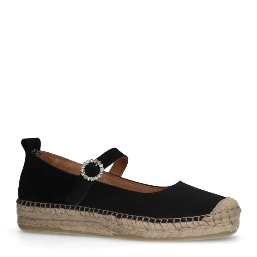 Manfield Zwarte suède espadrilles met bandje^DAMES Espadrilles|Loafers