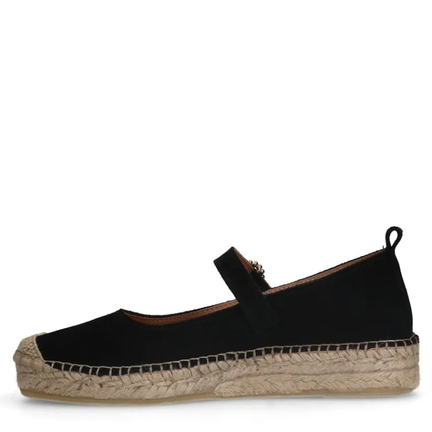 Manfield Zwarte suède espadrilles met bandje^DAMES Espadrilles|Loafers