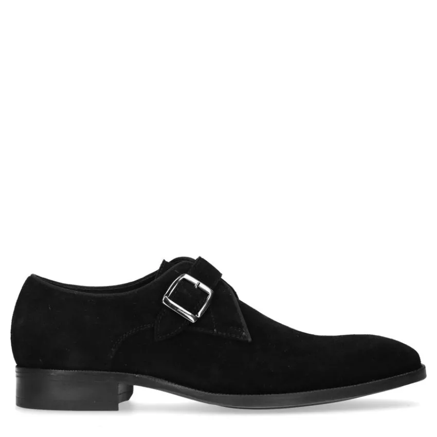 Manfield Zwarte suède gespschoenen^Heren Gespschoenen