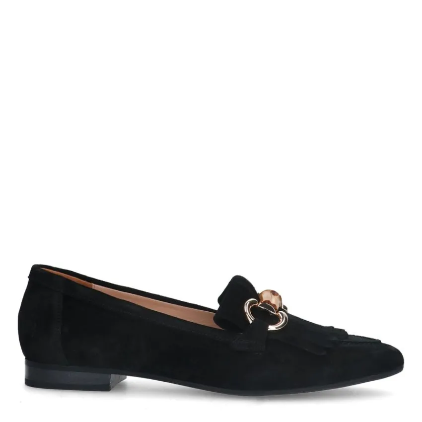 Manfield Zwarte suède loafers met franjes^DAMES Loafers