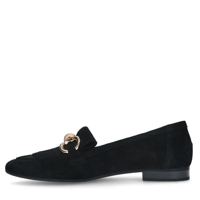 Manfield Zwarte suède loafers met franjes^DAMES Loafers