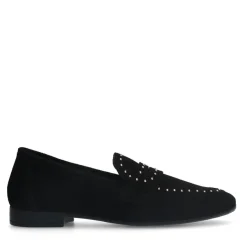 Manfield Zwarte suède loafers met goudkleurige studs^DAMES Loafers