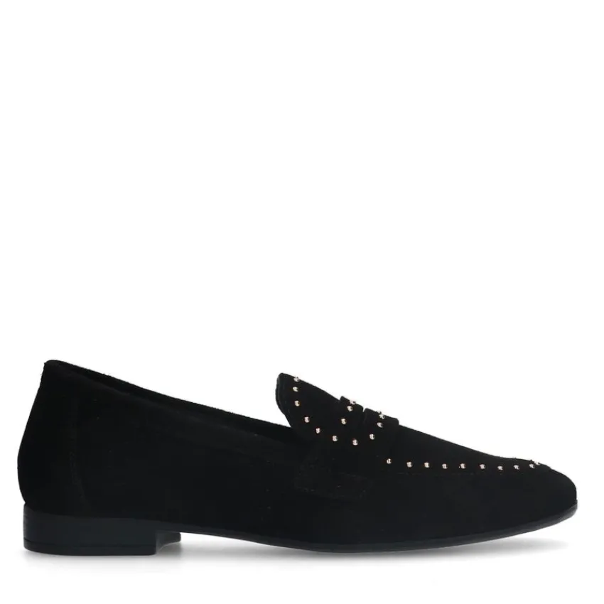 Manfield Zwarte suède loafers met goudkleurige studs^DAMES Loafers