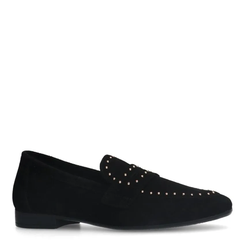 Manfield Zwarte suède loafers met goudkleurige studs^DAMES Loafers