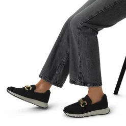 Manfield Zwarte suède loafers met gouden chain^DAMES Loafers