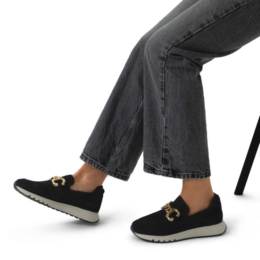Manfield Zwarte suède loafers met gouden chain^DAMES Loafers