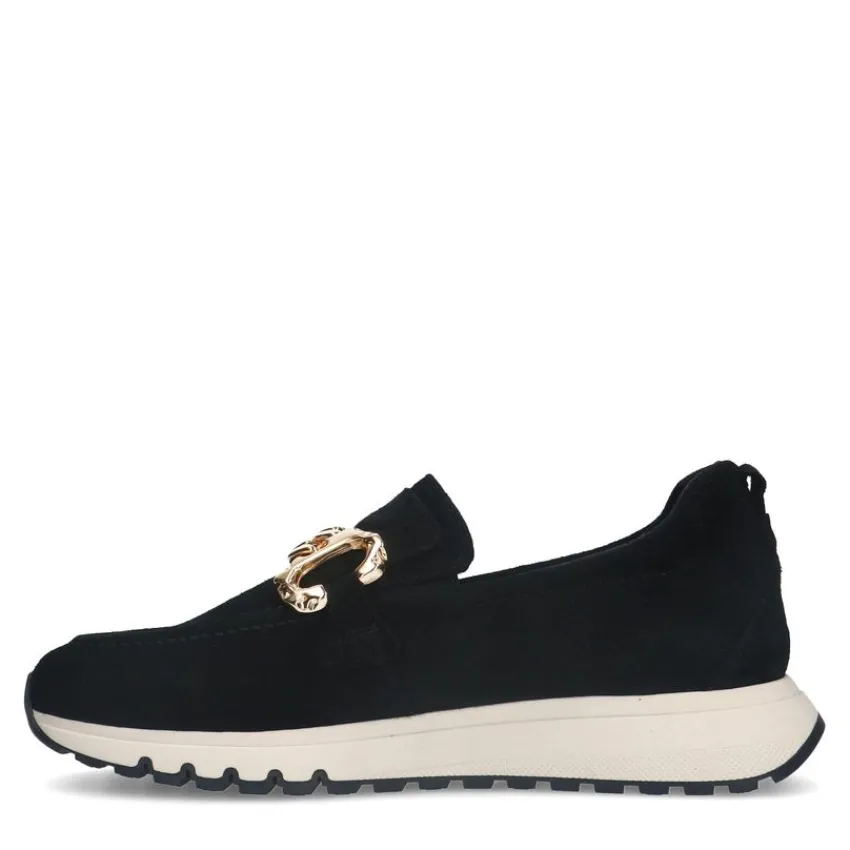 Manfield Zwarte suède loafers met gouden chain^DAMES Loafers