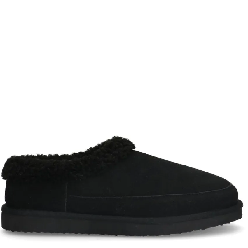 Manfield Zwarte suède pantoffels met imitatie wol^Heren Pantoffels