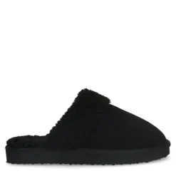 Manfield Zwarte suède pantoffels met imiatatiewol^DAMES Pantoffels