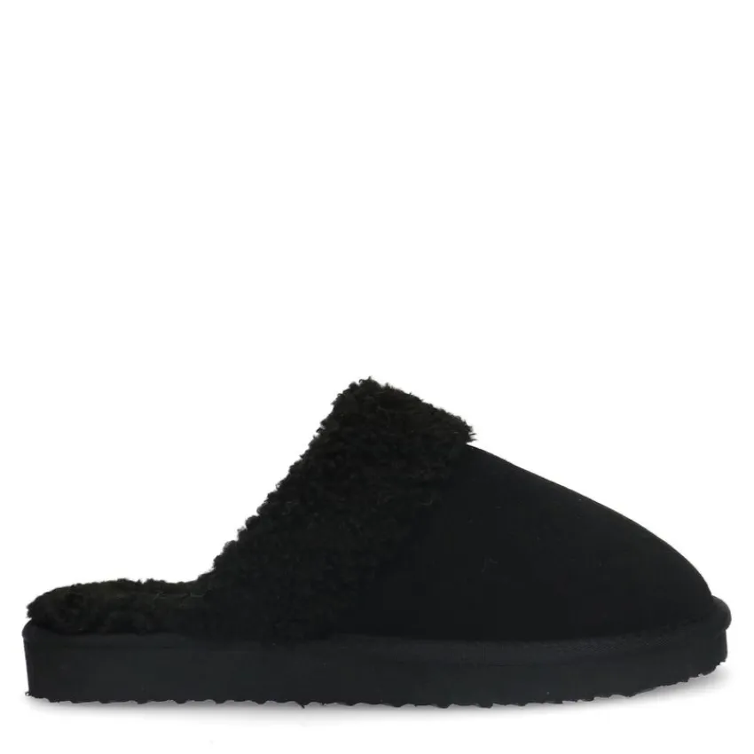 Manfield Zwarte suède pantoffels met imiatatiewol^DAMES Pantoffels