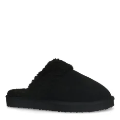 Manfield Zwarte suède pantoffels met imiatatiewol^DAMES Pantoffels