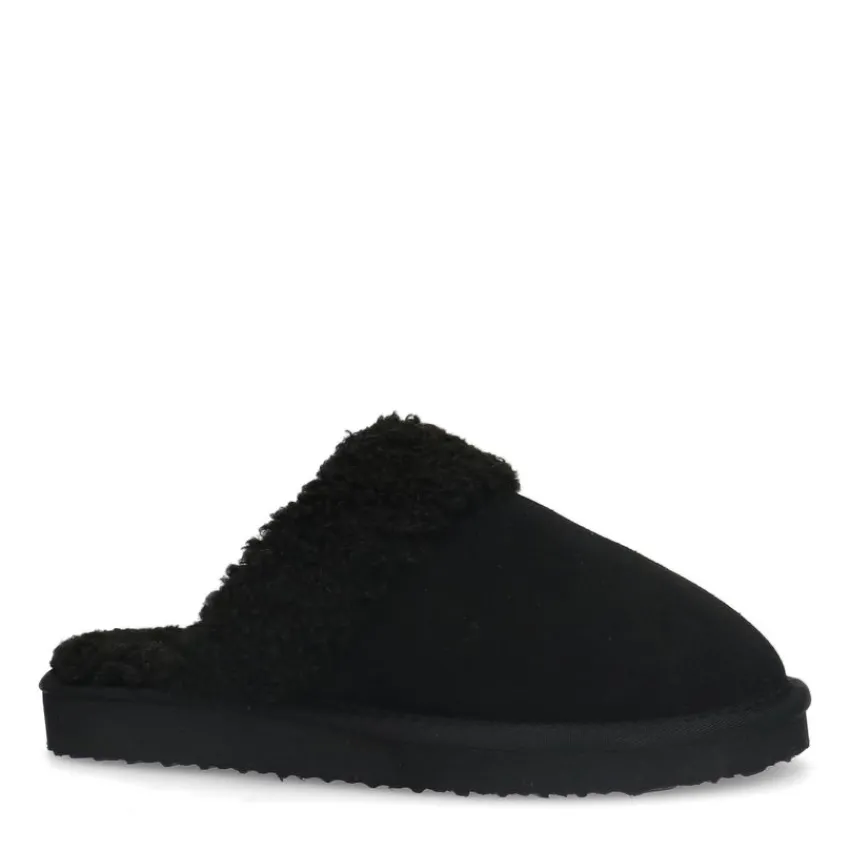 Manfield Zwarte suède pantoffels met imiatatiewol^DAMES Pantoffels
