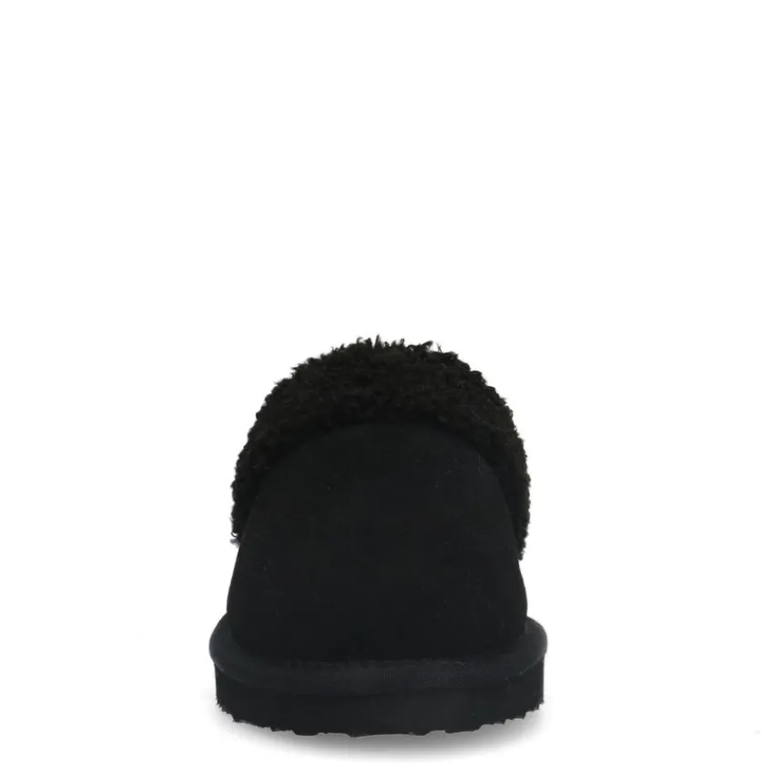 Manfield Zwarte suède pantoffels met imiatatiewol^DAMES Pantoffels