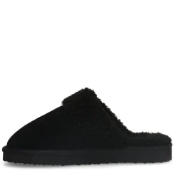 Manfield Zwarte suède pantoffels met imiatatiewol^DAMES Pantoffels