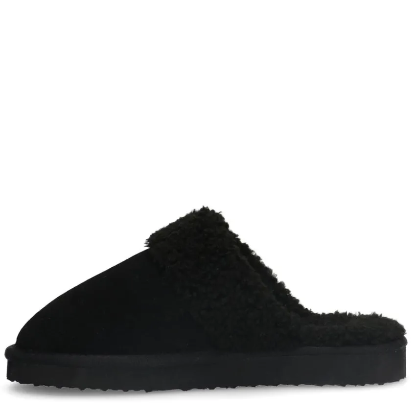 Manfield Zwarte suède pantoffels met imiatatiewol^DAMES Pantoffels