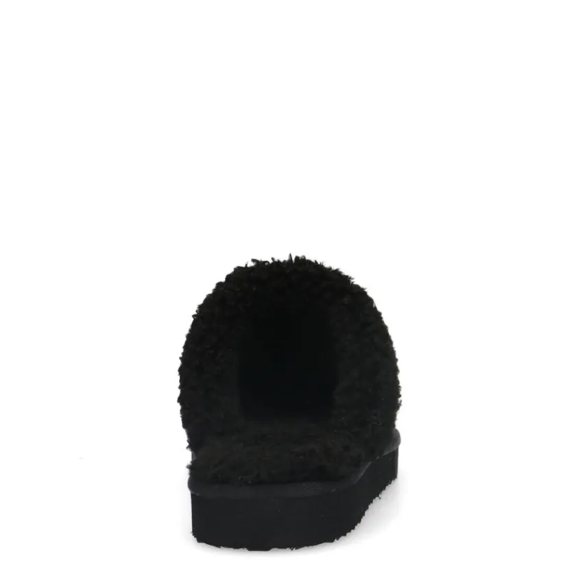 Manfield Zwarte suède pantoffels met imiatatiewol^DAMES Pantoffels