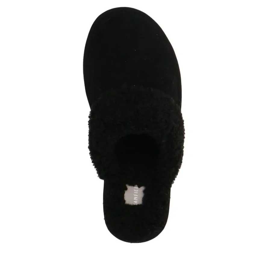 Manfield Zwarte suède pantoffels met imiatatiewol^DAMES Pantoffels