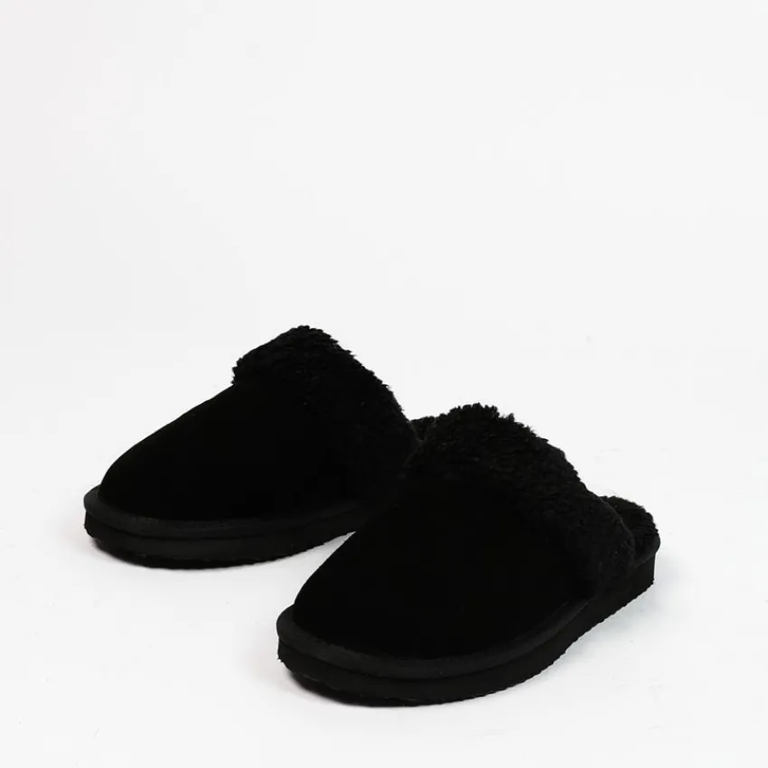 Manfield Zwarte suède pantoffels met imiatatiewol^DAMES Pantoffels