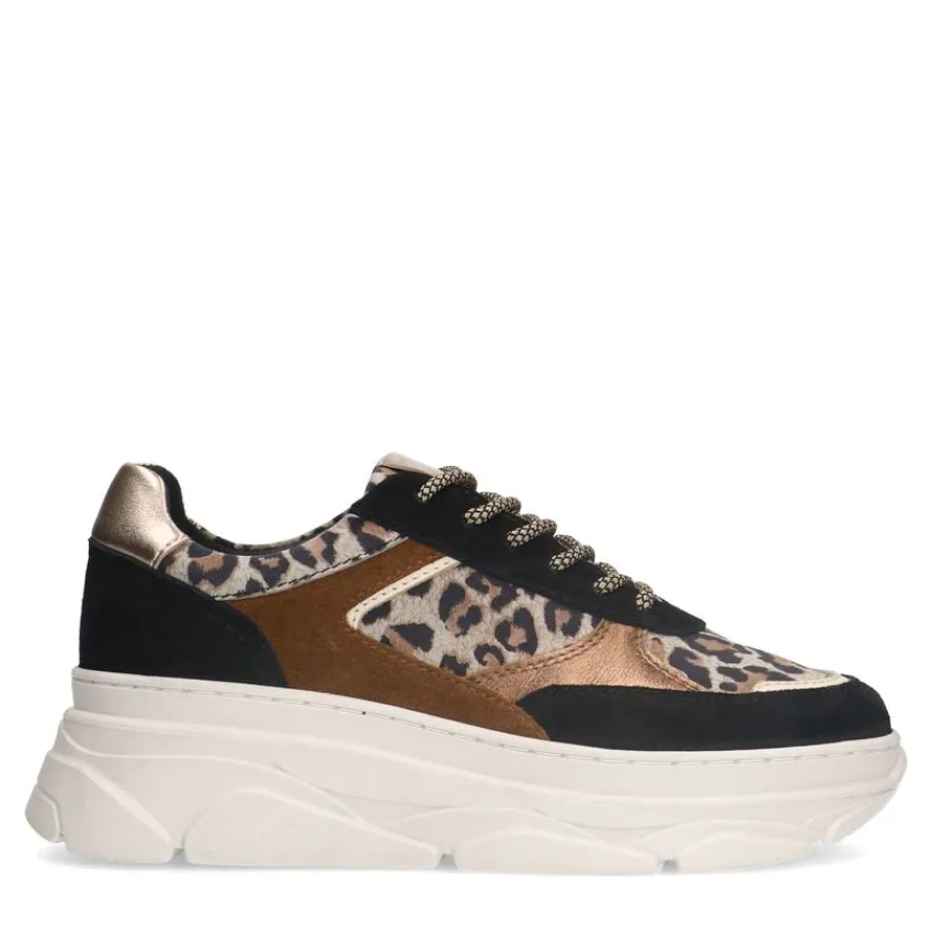 Manfield Zwarte suède sneakers met panterprint^DAMES Sneakers
