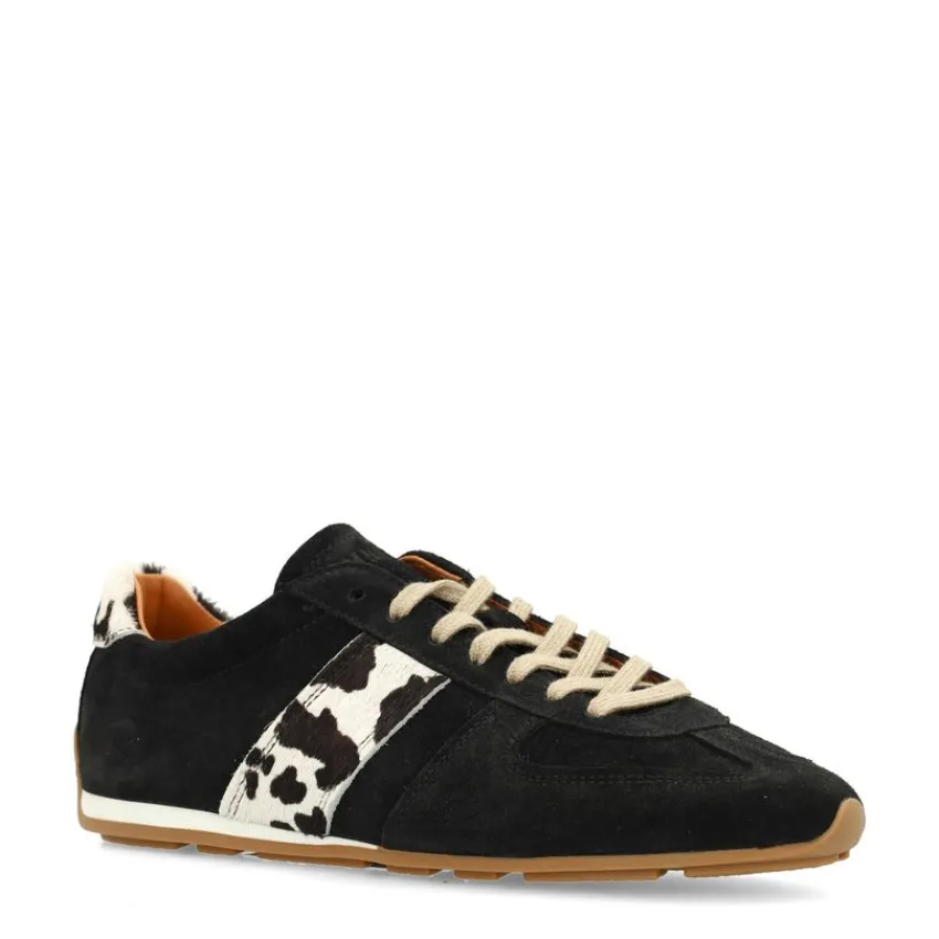 Manfield Zwarte suède sneakers met cow print detail^DAMES Sneakers