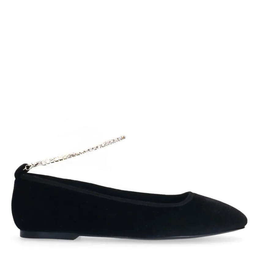 Manfield Zwarte velours ballerina's met strass enkelbandje^DAMES Loafers