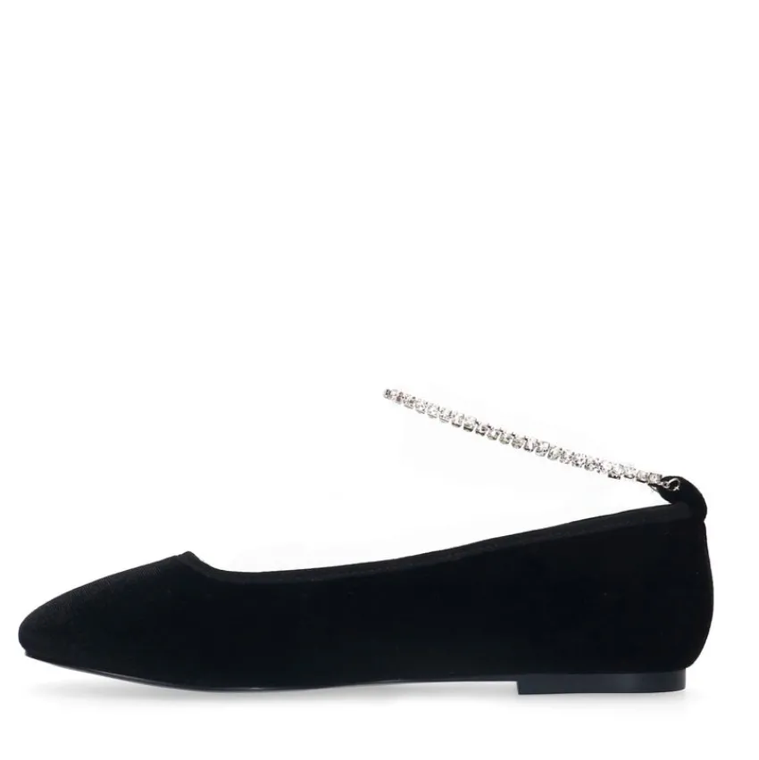Manfield Zwarte velours ballerina's met strass enkelbandje^DAMES Loafers
